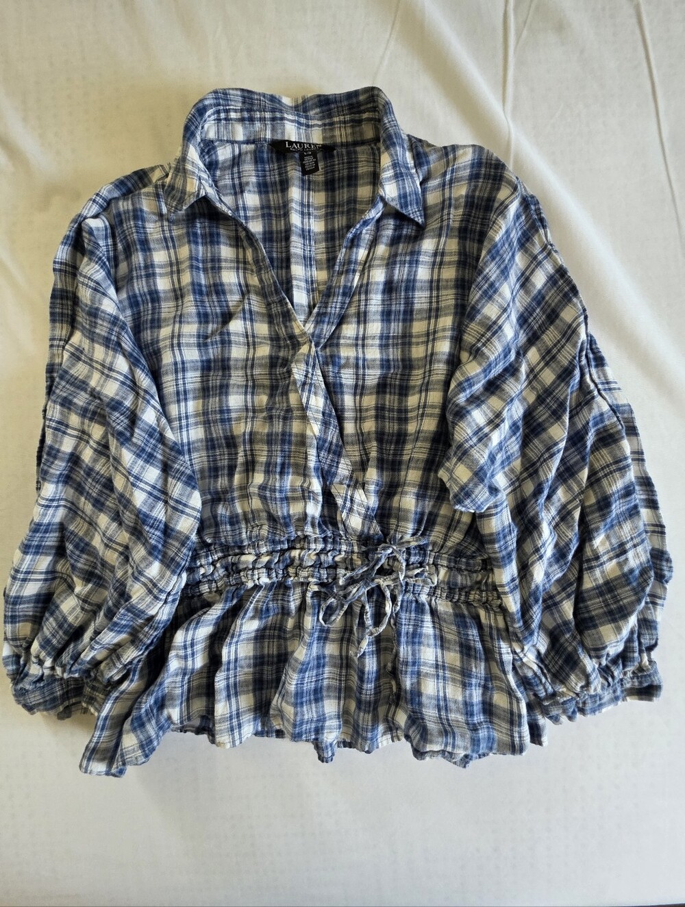Lauren Ralph Lauren Blue Plaid Drawstring Waist Women's Top